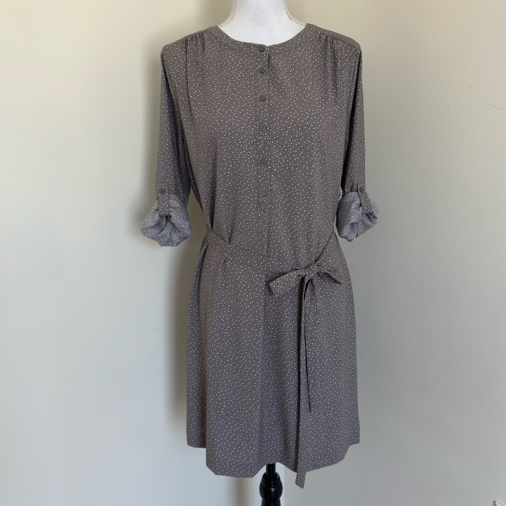 NEW Ann Taylor Loft Gray Tiny White Polka Dot Henley Tie Waist Dress M